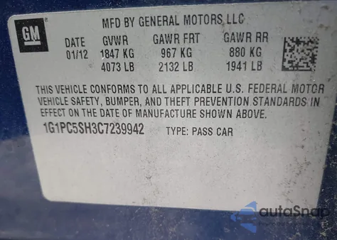 2012 Chevrolet Cruze Ls из США, поврежденный, VIN 1G1PC5SH3C7239942